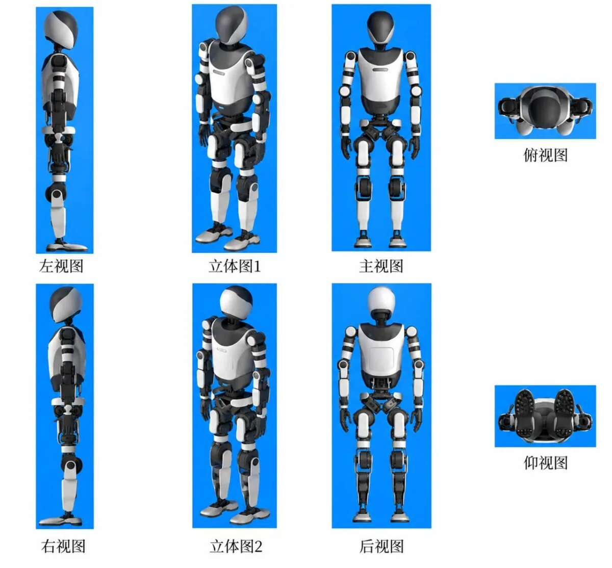 تصاویر ثبت‌شده در پتنت ربات انسان‌نمای BYD که طراحی آن را از هشت زاویه مختلف شامل جلو، پشت، طرفین، بالا و پایین نشان می‌دهد