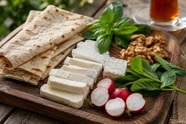 تزیین پنیر صبحانه با سبزی خوردن، نان و گردو
