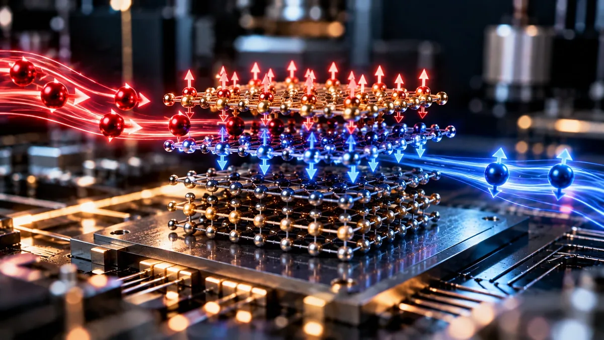 3D model of stacked atomic lattices with red and blue arrows indicating energy transfer across layers on a lab platform