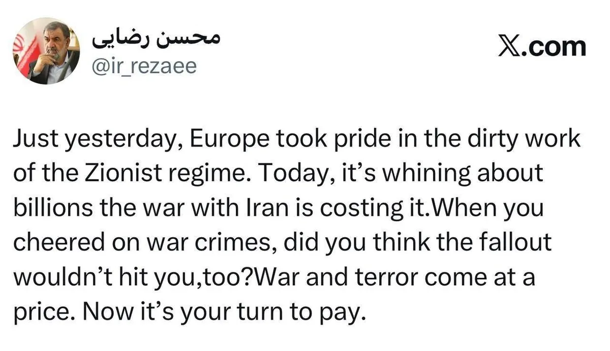سرلشکر رضایی: جنگ و ترور تاوان دارد؛ حالا نوبت شماست که تاوان پس بدهید