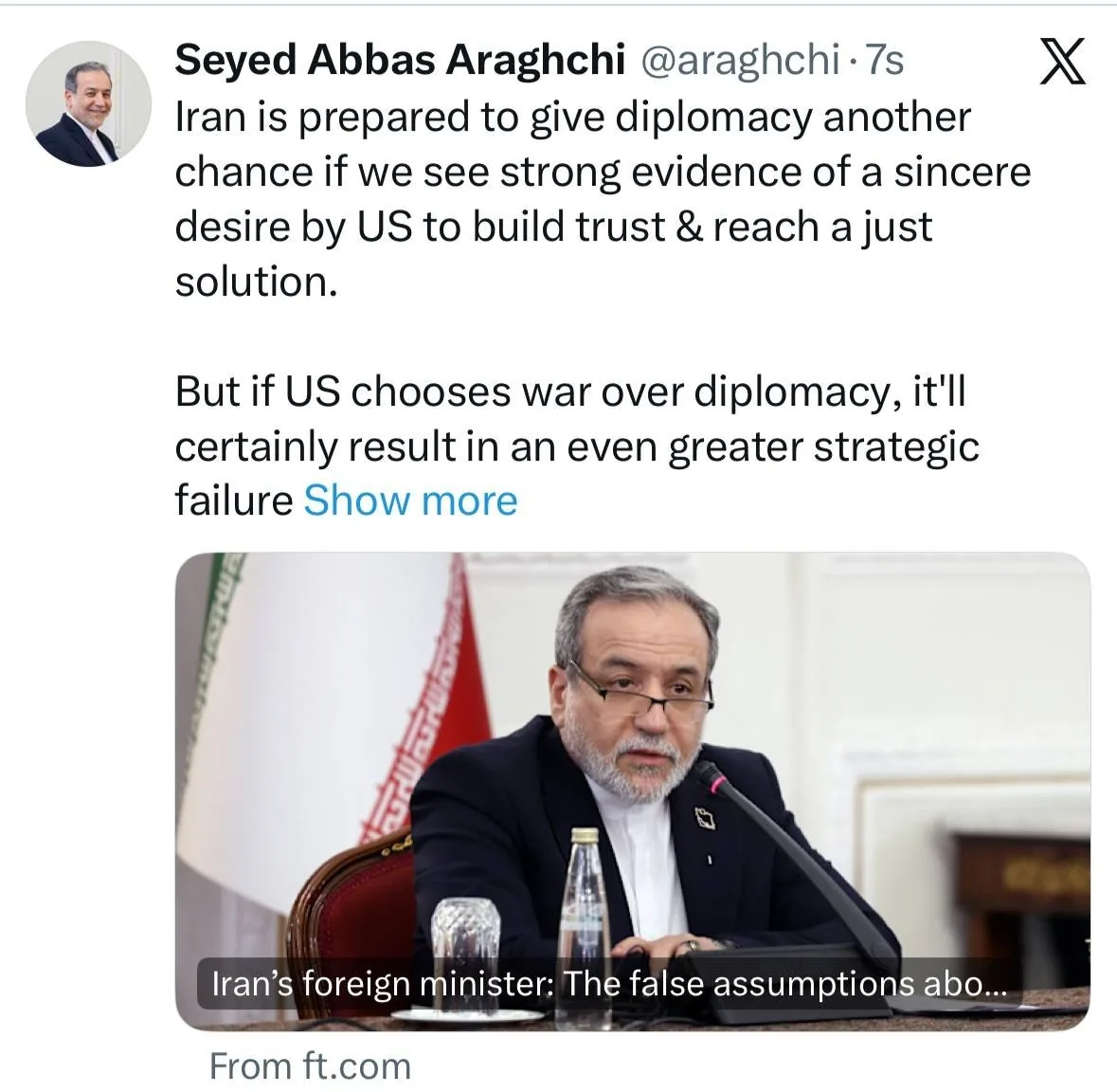 عراقچی: اگر آمریکا صداقت داشته باشد، ایران آماده است بار دیگر به دیپلماسی فرصت بدهد