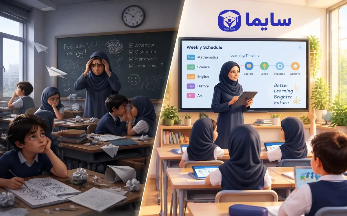 کلاس شلوغ و بی‌نظم با تدریس خسته‌کننده سنتی در تقابل با کلاس مدرن، متمرکز و منظم با نرم‌افزار مدرسه سایما