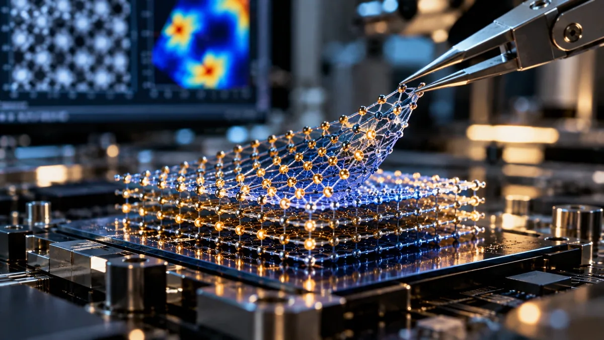Robotic tweezers lift a glowing nanoscale lattice made of connected spheres in a lab setting.