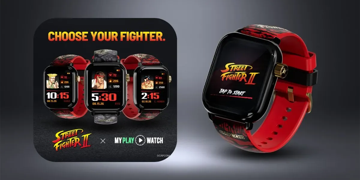 ساعت هوشمند قرمزرنگ با طرح Street Fighter II روی بند و نمایشگر؛ در کنار آن سه مدل ساعت با تصویر شخصیت‌های بازی و لوگوی همکاری MyPlay Watch و Street Fighter II دیده می‌شود.