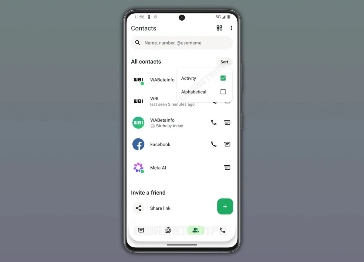 اسکرین‌شات از رابط کاربری بخش مخاطبین (Contacts) در اپلیکیشن واتس‌اپ روی گوشی اندرویدی: منوی پاپ‌آپِ مرتب‌سازی (Sort) با دو گزینه‌ی Activity (دارای تیک سبز فعال) و Alphabetical نمایش داده شده است. فهرست مخاطبین شامل WABetaInfo، WBI، فیس‌بوک و Meta AI همراه با آیکون‌های تماس صوتی و چت و دکمه‌ی شناور سبزرنگ با علامت مثبت در پایین است.