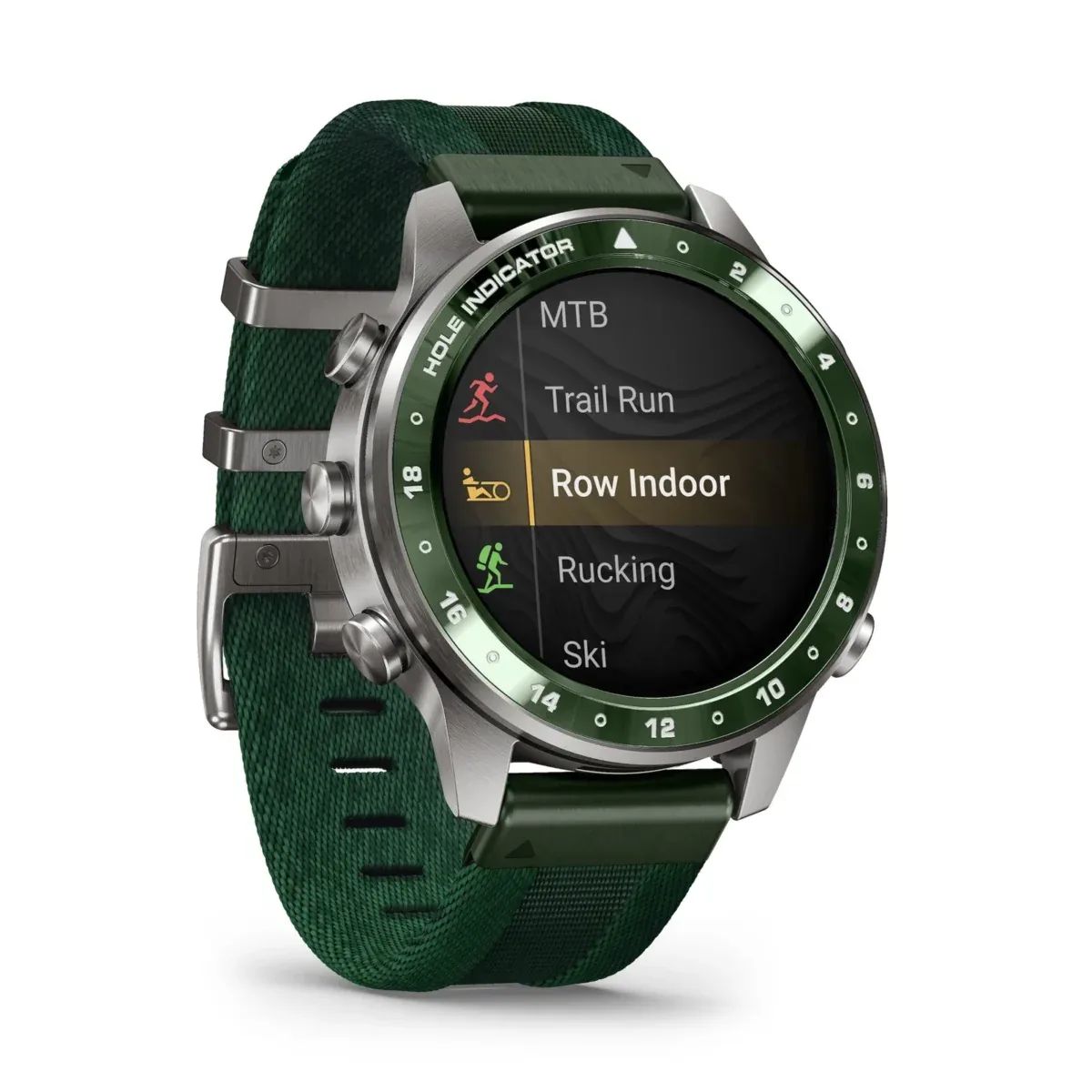 ساعت هوشمند Garmin با بدنه استیل، قاب سبزرنگ و بند نایلونی سبز بافتنی که منوی ورزشی شامل گزینه‌های دویدن، پیاده‌روی و قایقرانی را نمایش می‌دهد.