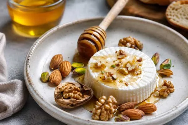 تزیین پنیر صبحانه با عسل و مغزیجات برای سرو در هتل و مهمانی‌ها