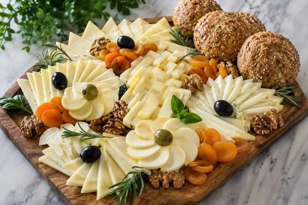 تزیین پنیر صبحانه در سینی پذیرایی به همراه برش‌های نان و مغزیجات