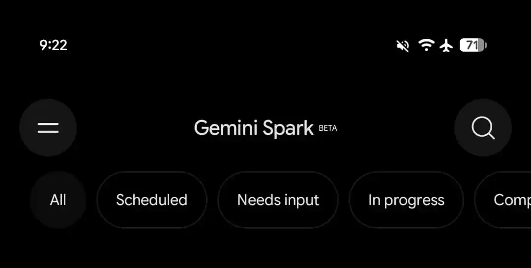 صفحه اصلی بخش Gemini Spark نسخه بتا با تب‌های دسته‌بندی شامل همه، زمان‌بندی‌شده، نیازمند ورودی، در حال انجام و تکمیل‌شده.