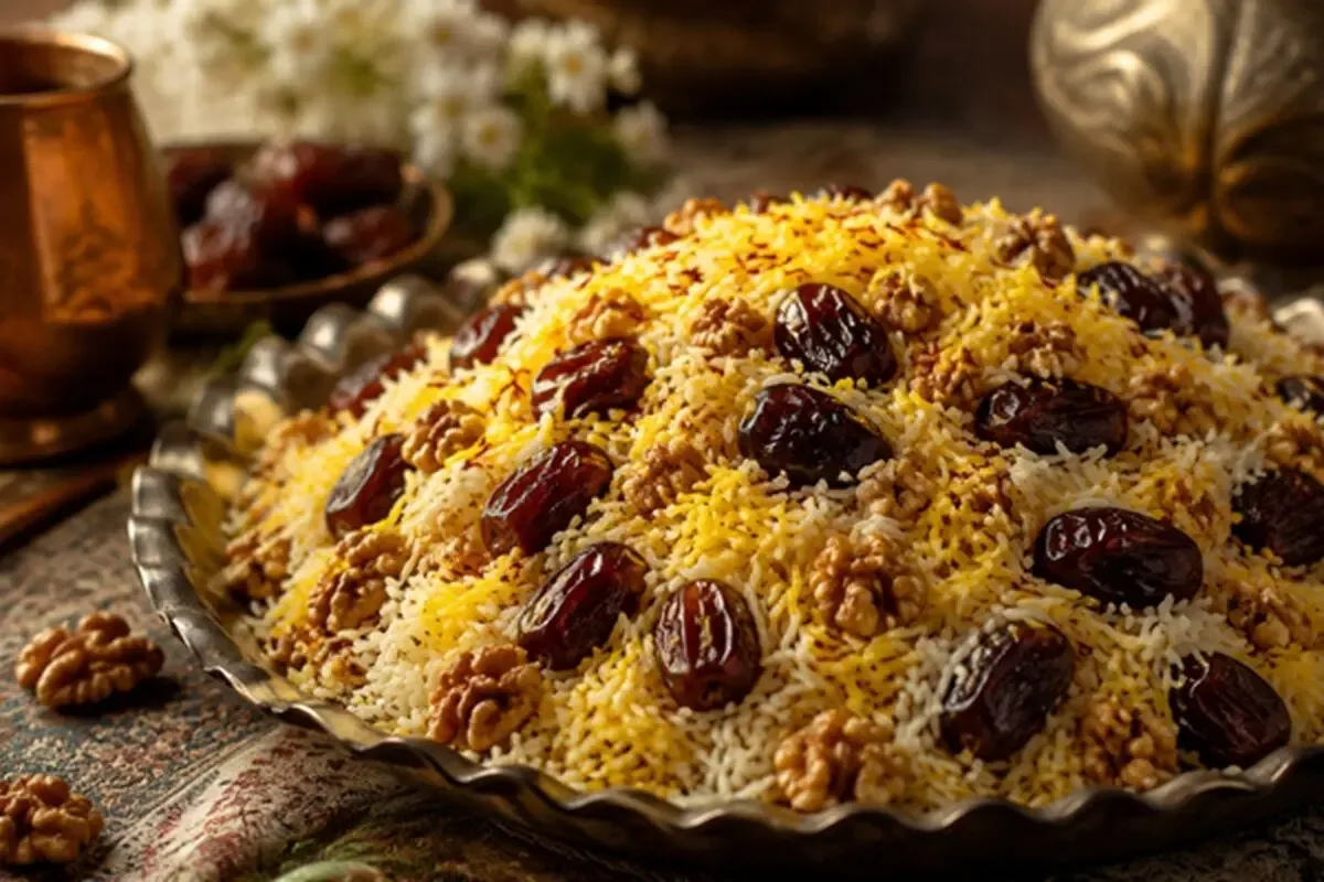 طرز تهیه خرما پلو جنوبی؛ غذای مقوی با خرما، گردو و کشمش