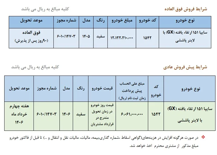بخشنامه جدید فروش وانت سایپا 151 (مهر 1405)