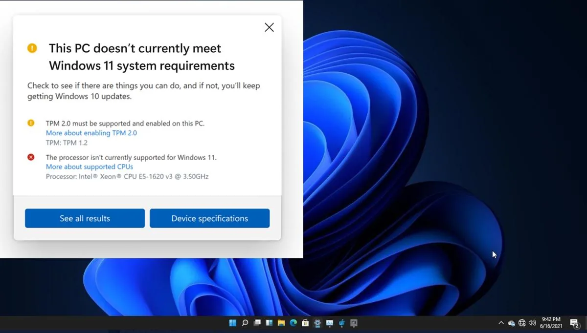پنجره PC Health Check اعلام می‌کند رایانه حداقل نیازهای ویندوز ۱۱ را ندارد؛ ناسازگاری TPM 2.0 و پردازنده Intel Xeon E5-1620 v3 ذکر شده است