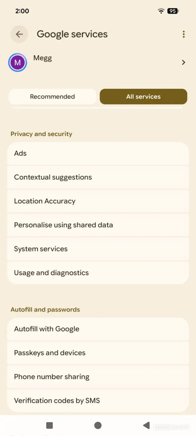 Google Services settings screen showing profile header, tabs (Recommended, All services), and lists under Privacy and security and Autofill and passwords.