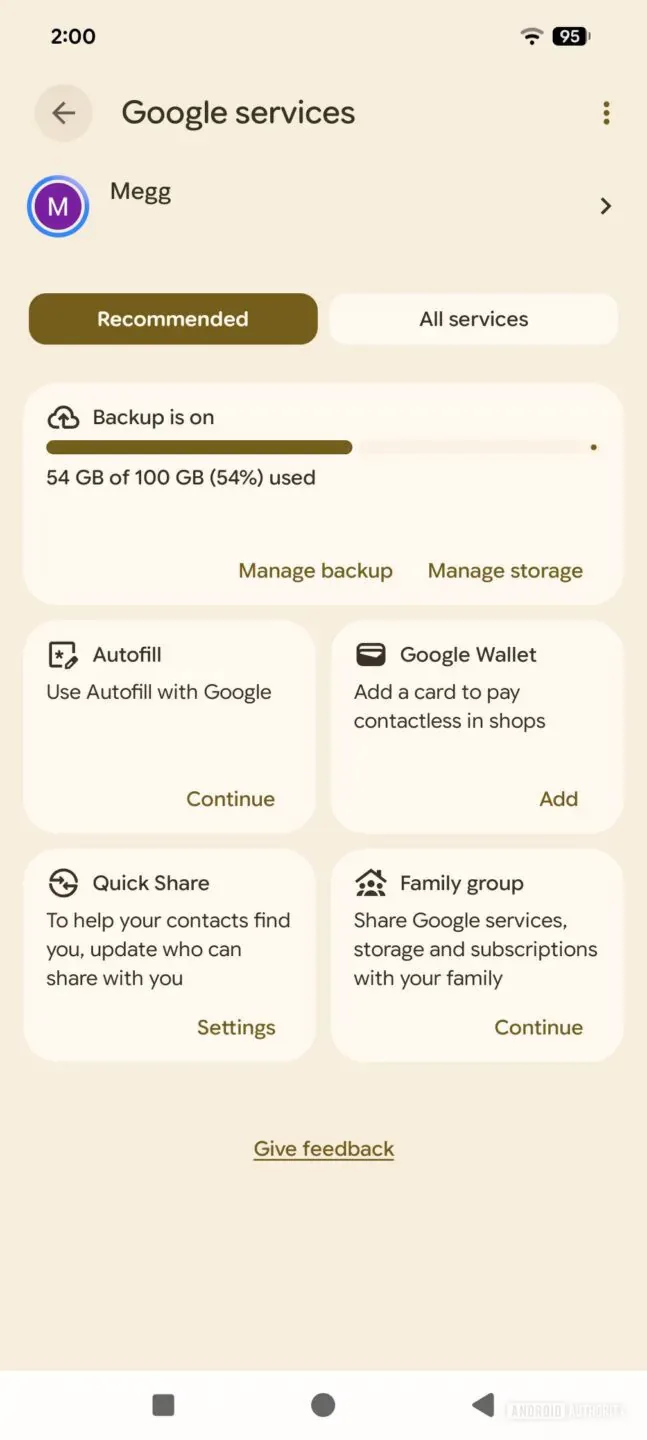 Google Services settings screen with beige theme showing backup status, and options for Autofill, Google Wallet, Quick Share, and Family group.