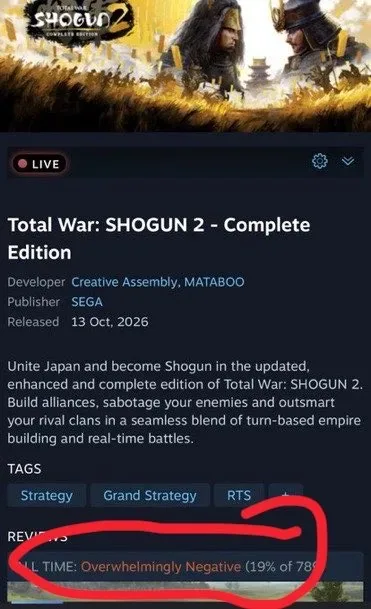 سگا فروش Total War: SHOGUN 2 – Complete Edition را متوقف کرد | گیمفا