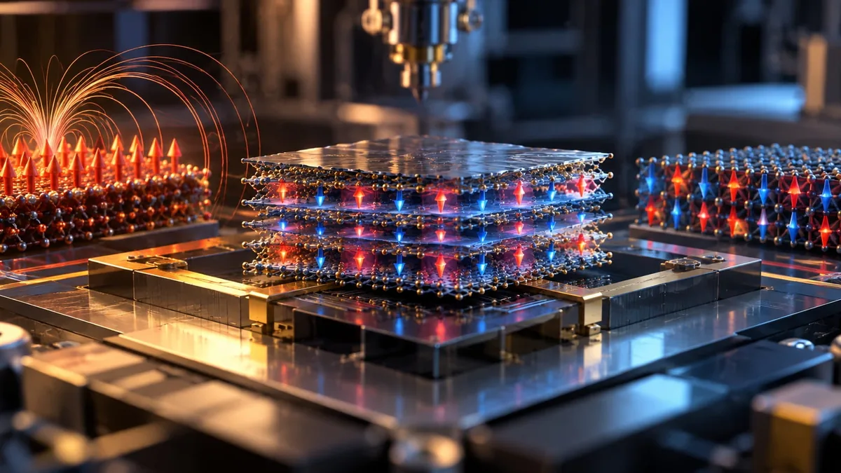 High-tech manufacturing scene with a multi-layer lattice stack illuminated by blue and red LEDs on a precision machine base.