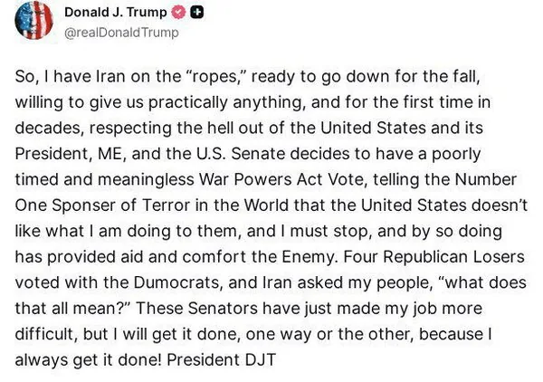 خشم ترامپ؛ تهران تا آستانه فروپاشی و تسلیم کامل پیش رفته بود...| پیام جدید  رئیس جمهور آمریکا؛ کابوس رأی سنا علیه جنگ با ایران