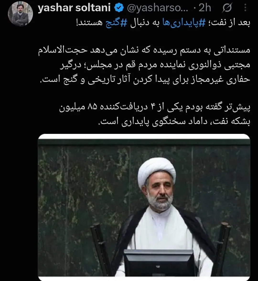 ادعای جنجالی یاشار سلطانی درباره نماینده جبهه پایداری / ذوالنوری درگیر حفاری برای پیدا کردن گنج است + عکس