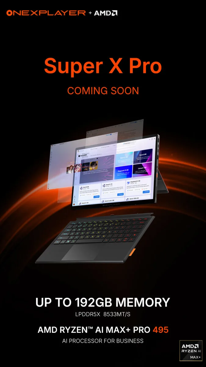 پوستر معرفی Onexplayer Super X Pro با همکاری AMD که مشخصاتی مانند حافظه تا ۱۹۲ گیگابایت LPDDR5X و پردازنده AMD Ryzen AI Max+ Pro 495 را نشان می‌دهد