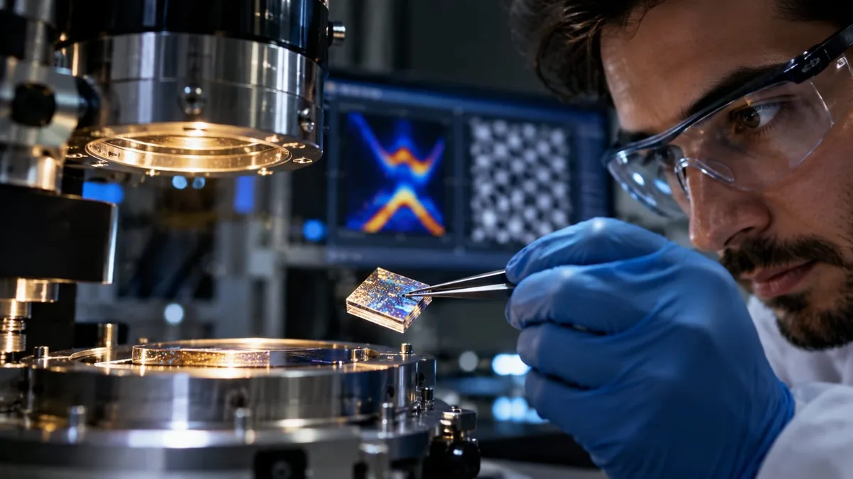 Scientist wearing safety goggles and blue gloves holds a glass microchip with tweezers near precision lab equipment.