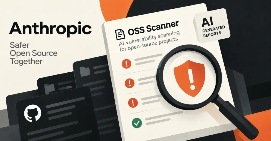 پوستر معرفی ابزار امنیتی OSS Scanner توسط Anthropic: طرح گرافیکی رسمی با پس‌زمینه سفید، مشکی و نارنجی که لوگوی شرکت Anthropic و عبارت «Safer Open Source Together» در سمت چپ آن قرار دارد. در مرکز تصویر، یک برگه گزارش امنیتی با عنوان «OSS Scanner: AI vulnerability scanning for open-source projects» و کارت‌های تاریک مخازن GitHub همراه با یک ذره‌بین بزرگ دیده می‌شود که روی یک سپر محافظتی نارنجی‌رنگ حاوی علامت تعجب متمرکز شده است.