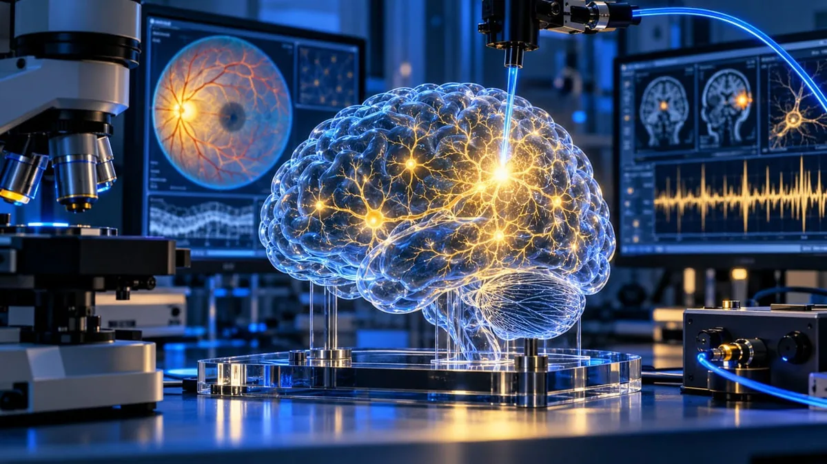 3D glowing brain model with neural connections in a high-tech neuroscience lab, surrounded by monitors and imaging gear