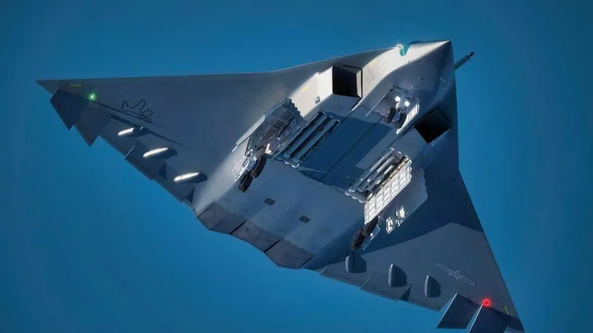 Underside view of a B-2 Spirit stealth bomber in flight, with its weapons bays open visible against a blue sky.