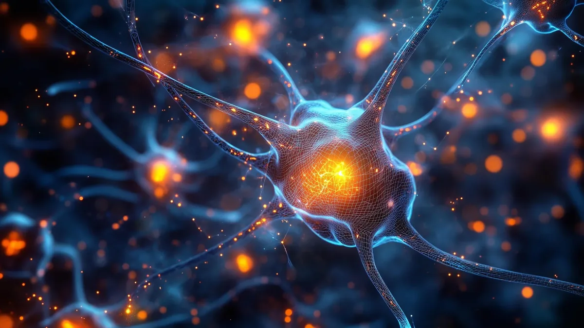 Neural network neurons with glowing orange synapses in a dark blue background, illustrating brain activity or AI imagery.