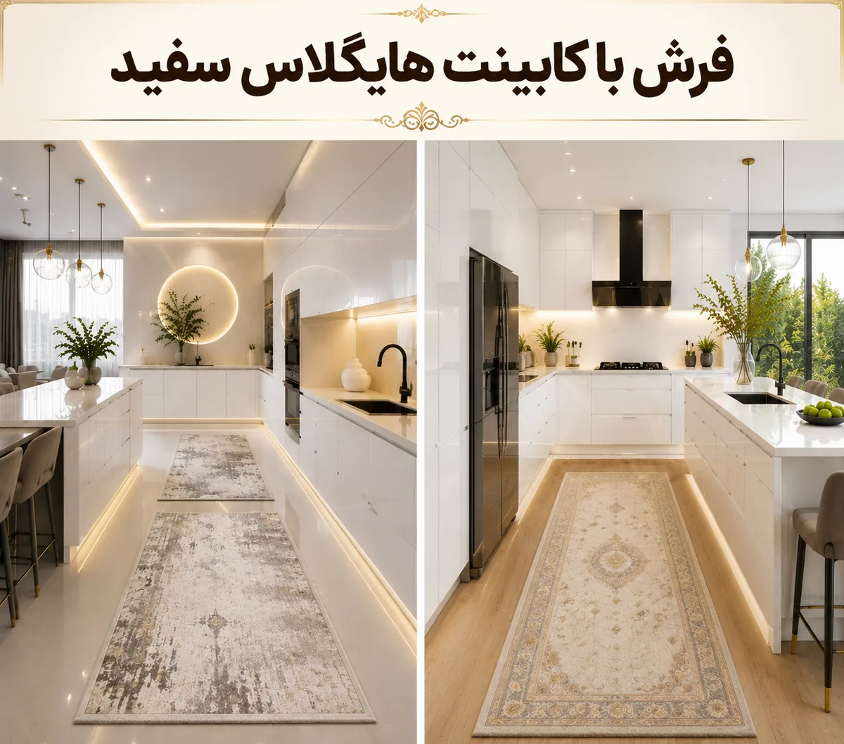 فرش آشپزخانه با کابینت های گلاس سفید؛ برای فضای روشن و مدرن
فرش آشپزخانه باید ساده و هماهنگ با ظاهر براق کابینت انتخاب شود. فرشهای خیلی شلوغ ممکن است باعث شوند سطح براق کابینت در دکوراسیون کمتر دیده شود.
رنگهای مناسب:
طوسی روشن
کرم
نقرهای
سفید با طرح ملایم
هستند.
فرش با کابینت سفید