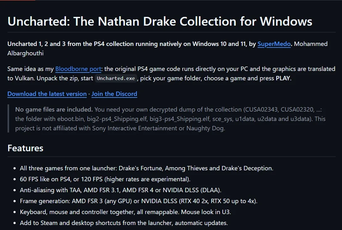 صفحه‌ی گیت‌هاب مربوط به اجرای بازی‌های Uncharted روی ویندوز با جزئیات فنی و عملکرد پردازنده‌ی گرافیکی روی کارت‌های مختلف.