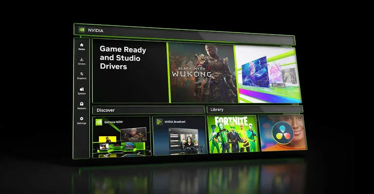رابط NVIDIA App روی پس‌زمینه‌ی سیاه نمایش داده شده و بخش‌هایی مانند درایورهای Game Ready و Studio، بازی‌ها و کتابخانه‌ی برنامه‌ها را نشان می‌دهد.