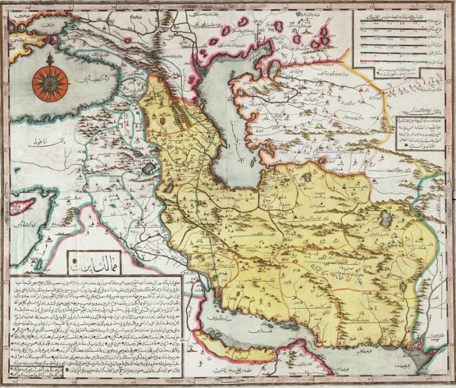 تصویری از یک نقشه قدیمی مربوط به امپراتوری عثمانی که بحرین را متعلق به ایران نشان می‌دهد.
