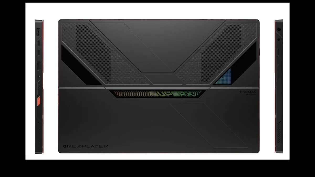 نمای پشت تبلت و کامپیوتر هیبریدی Onexplayer Super X به همراه نماهای جانبی چپ و راست که پورت‌های ارتباطی و شیارهای خنک‌کننده بدنه را نشان می‌دهد.