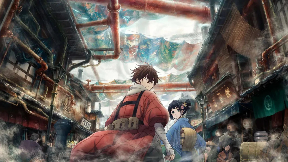 Two Young Adventurers in a Narrow Steam filled Alley Under Red Pipes and Colorful Fabric Banners Looking Back Toward the Viewer
