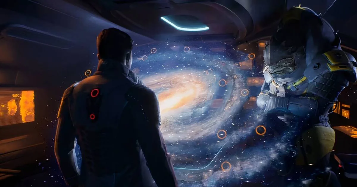 صحنه‌ای از بازی مسی‌ایکت (Mass Effect)؛ دو شخصیت فضایی، از جمله یک بیگانه‌ی کروگان، در کنار نمایشگر سه‌بعدی بزرگ کهکشانی درون سفینه.