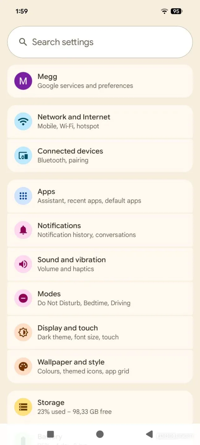 Android Settings screen with a search bar at the top and a vertical list of categories (Network, Apps, Notifications, Display, Storage). No images of people.