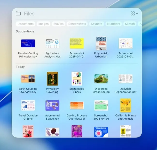 پنجره‌ی برنامه‌ی Files در macOS با فایل‌های اخیر و پیشنهادی، شامل اسناد، تصاویر، ویدیوها و فایل‌های ارائه.