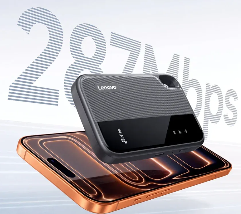 مودم همراه جیبی لنوو با بدنه‌ی مشکی و خاکستری بافت‌دار و لوگوی Lenovo و WiFi 6، به‌صورت معلق بالای یک گوشی هوشمند با فریم برنزی قرار گرفته و عدد بزرگ ۲۸۷ مگابیت بر ثانیه در پس‌زمینه دیده می‌شود.