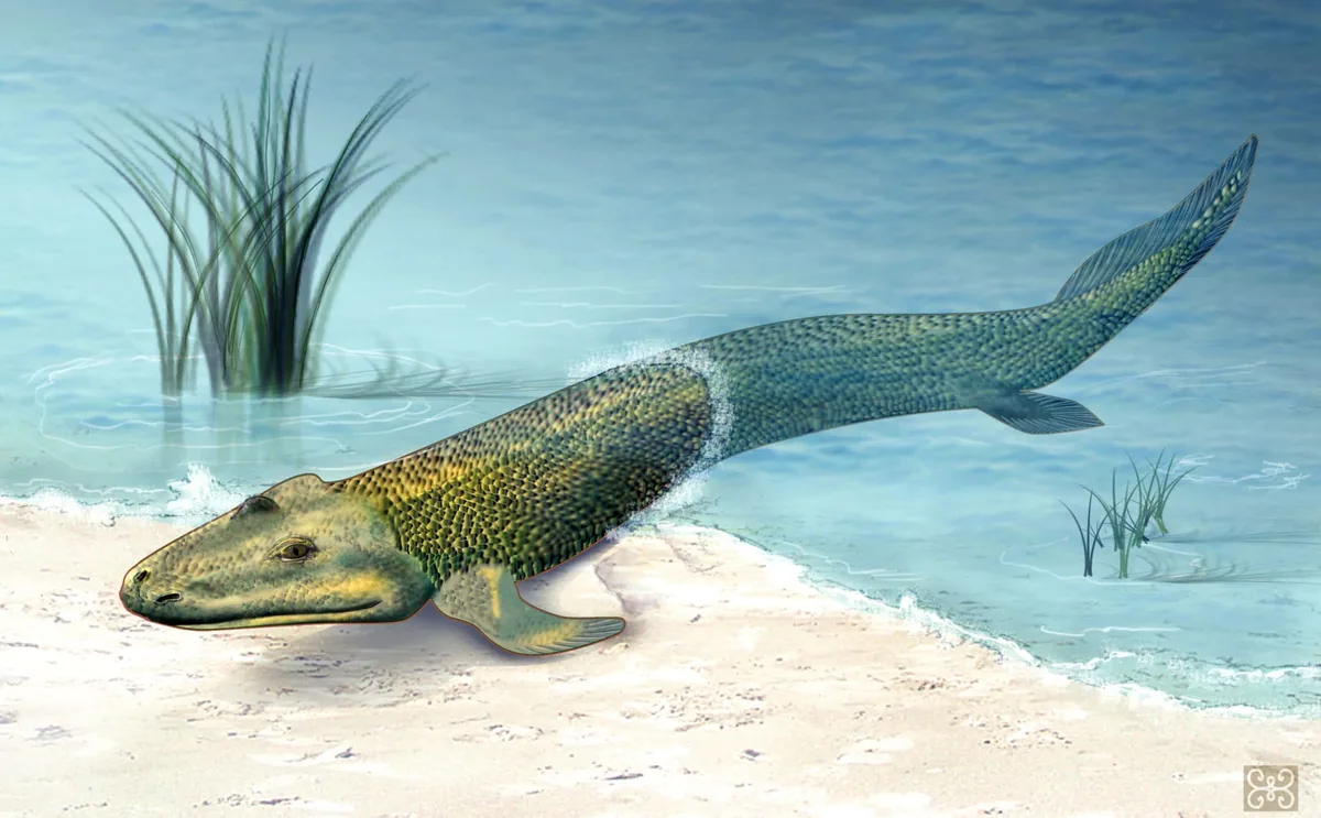 Large greenish fish lies on a sandy shoreline with blue water in the background (artistic illustration).