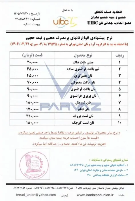 قیمت جدید نان های حجیم اعلام شد