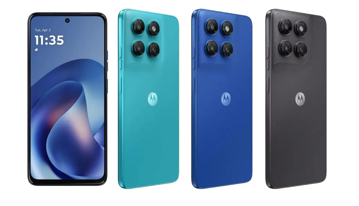 چهار گوشی موتورولا Moto G47 Power در رنگ‌های فیروزه‌ای، سبز، آبی و مشکی با دوربین چهارگانه و لوگوی موتورولا.