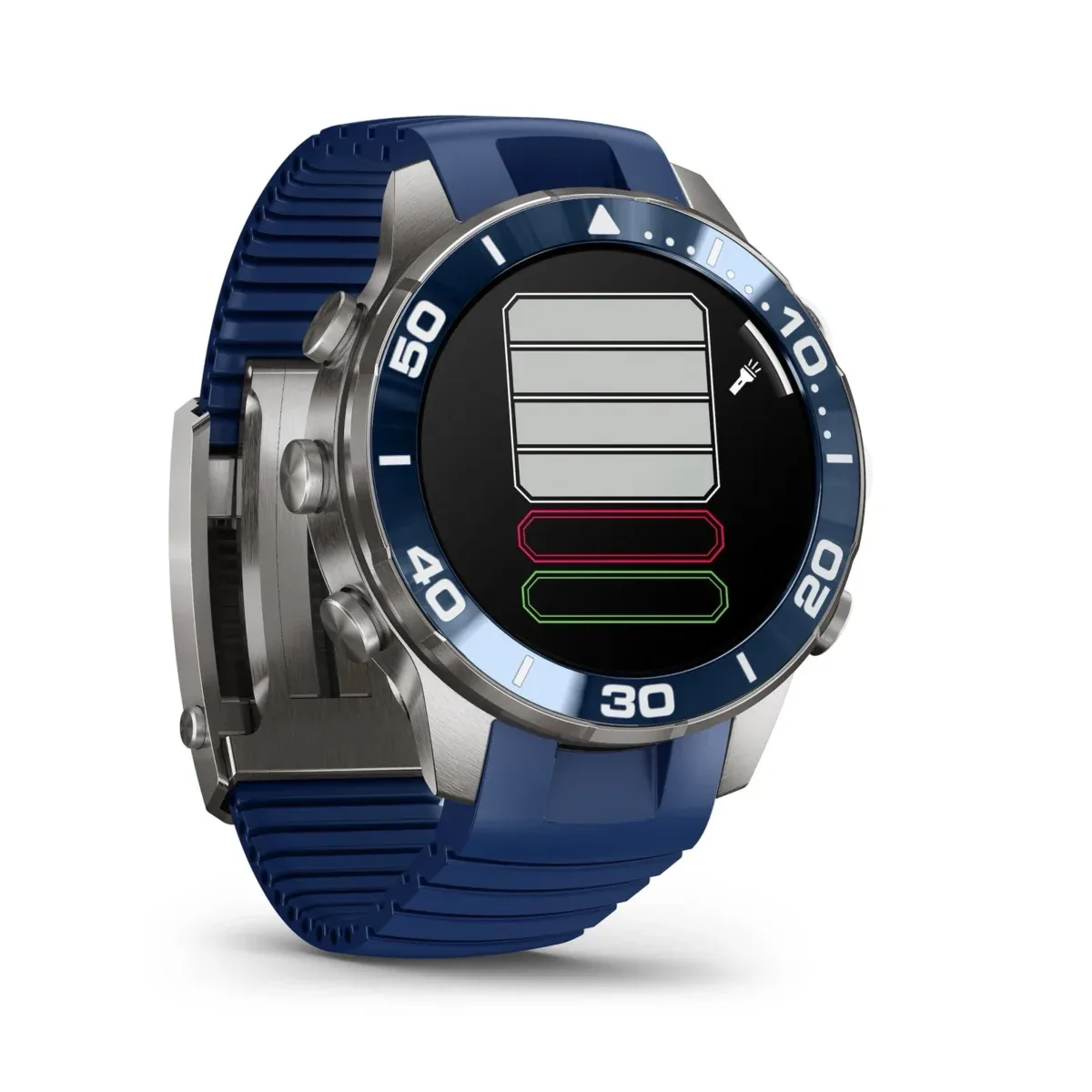 ساعت هوشمند Garmin با قاب و بند سیلیکونی آبی‌رنگ روی پس‌زمینه سفید که نشانگرهای باتری و وضعیت شارژ را به صورت گرافیکی نمایش می‌دهد.