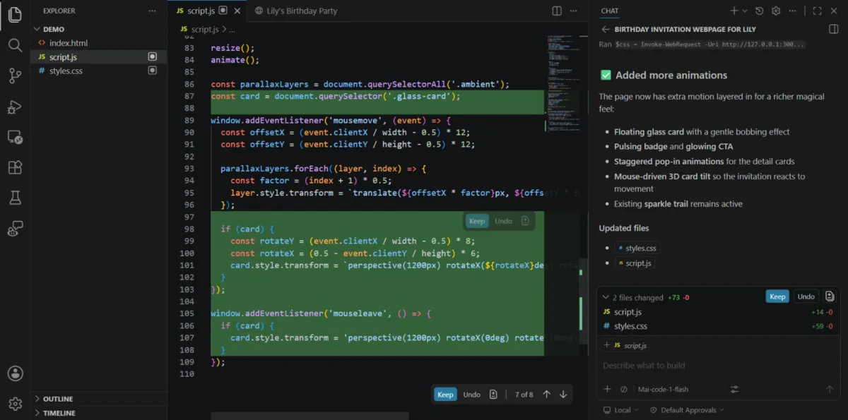 نمایش اجرای مدل هوش مصنوعی برنامه‌نویسی MAI-Code-1.1-Flash مایکروسافت در محیط Visual Studio Code برای توسعه نرم‌افزار