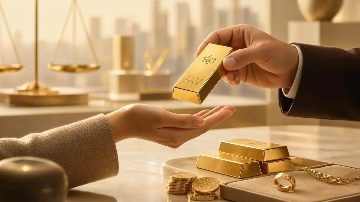 دست یک آقا در حال گذاشتن یک شمش طلا در دست یک خانم