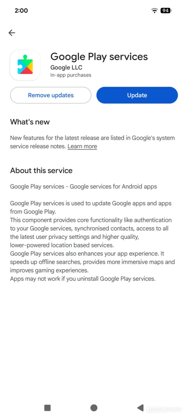 Google Play services update page showing app icon, name, 'Remove updates' and 'Update' buttons, and 'What’s new'/'About this service' sections with descriptive text.