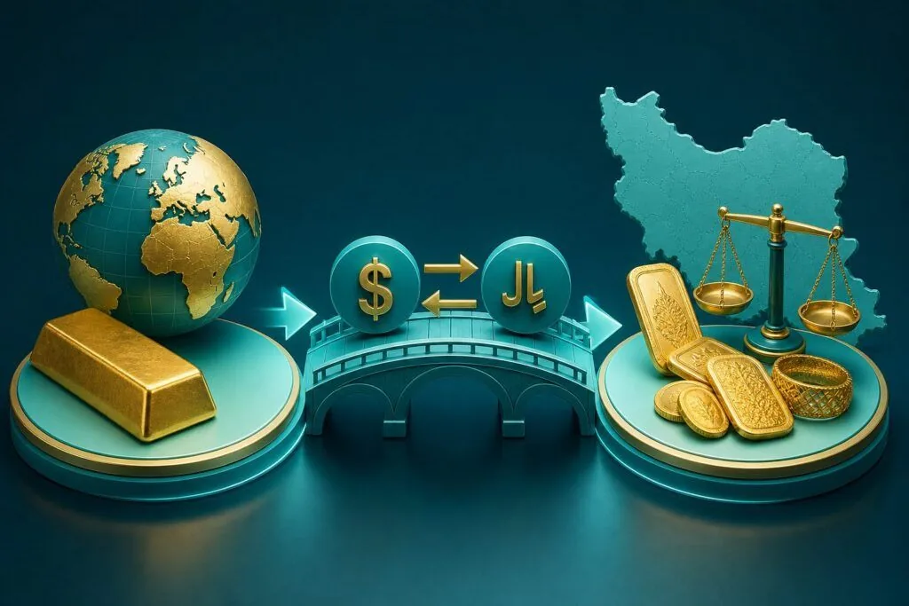نمودار مفهومی مسیر تبدیل قیمت اونس جهانی و نرخ ارز به قیمت طلای ایران