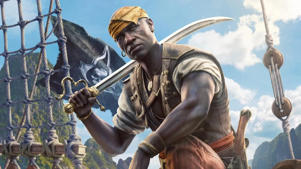Pirate Warrior with a Curved Sword on a Rope slung Ship Deck Sails and Cliffs in the Background