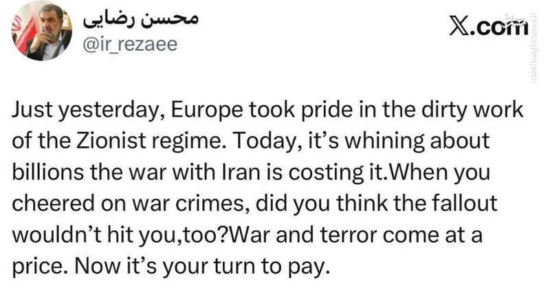 سرلشکر رضایی: جنگ و ترور تاوان دارد؛ حالا نوبت شماست که تاوان پس بدهید