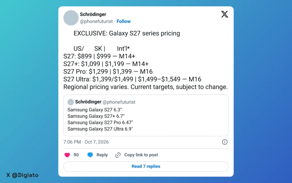 پست یک افشاگر پیرامون قیمت سری گلکسی S27 در ایکس