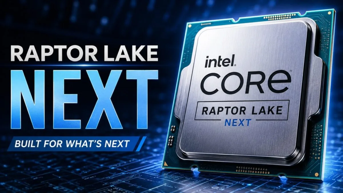 در سمت راست، یک پردازنده اینتل با لبه‌های فلزی و لوگوی درشت Intel Core دیده می‌شود که روی آن عبارت Raptor Lake NEXT حک شده است. در سمت چپ، متن درشت “RAPTOR LAKE NEXT” با فونت آبی و سفید روی پس‌زمینه مداری و دیجیتالی قرار دارد.